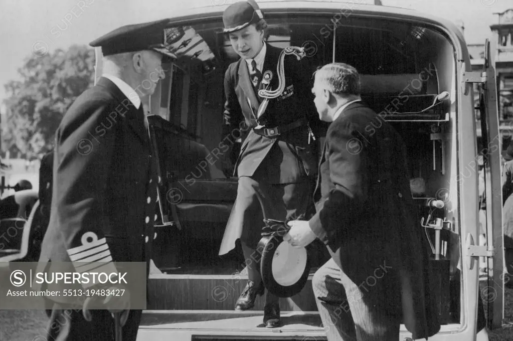 Guides Give Ambulances To The Navy -- H.R.H. The Princess Royal Stepping out of one of the ambulances which form a gift from the Girl Guides Association to the Royal Navy. H.R.H. ***** Presentation at ceremony on The Horse Guards Parade this afternoon, on the ***** is admiral of The First Sir Dudley Pound. August 24, 1940. (Photo by Central Press Photos Ltd.).