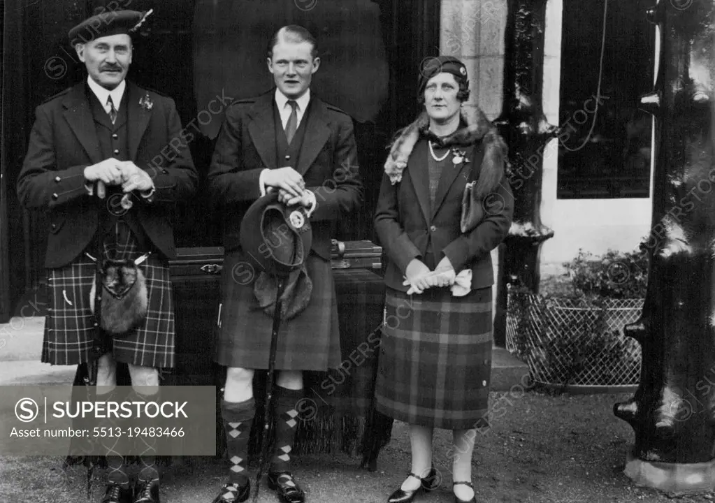 The coming of age celebration of the Earl of MacDuff, son of Prices and Princess Arthur of Connaught, at Mar Lodge, Brabmarm, Aberdeenshire, where the earl received gifts from the ten *****. Prince and Princess Arthur of Connaught with (centre) the Earl of Macduff. September 17, 1935. (Photo by Sports & General Press Agency Limited).