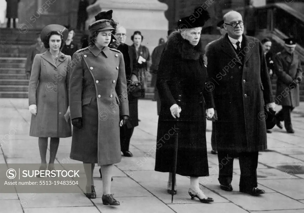 Armistice Day - 1945 - Queen Mary with Princess Elizabeth and Princess Margaret Rose arriving for the ceremony. March 25, 1953. (Photo by London News Agency).