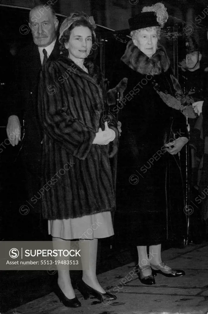 The Royal Playgoers -- Queen Mary and the Duchess of Gloucester arriving at the Piccadilly ***** this afternoon. H.M. Queen Mary and the Duchess of Gloucester saw the ***** Hay-Stephen King-Hall naval comedy "Off the Record" at the Piccadilly Theatre this afternoon. Since the end of the war, has been become an enthusiastic playgoer, visiting not only London's fahionable West End theatres to see the stars, but also attending performances of new plays by less well-known playwringhts at London's "little" theatres. February 26, 1948.