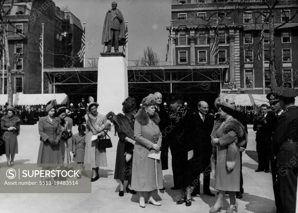 British Homage To Roosevelt -- The Royal family with Mrs. Roosevelt immediately after the unveiling. (Left to Right) Commencing with first group on Left: Princess Elizabeth; Princess Margaret; Princess Michael of Kent with his mother the Duchess of Kent. At Right centre Queen Mary chats with Mrs. Roosevelt and Queen Elizabeth, King George ***** seen at right (Facing Camera) chatting with field Marshal Viscount Alexander, Governor General Of Canada. President Truman's personal representative, Henry S. Hooker stands between Queen Mary and Mrs. Roosevelt, background; and Prime Minister Clement Attlee is at background between Mrs. Roosevelt and Queen Elizabeth. Lady on Queen Mary's right background unidentified. The British Memorial to the late U.S. President Franklin D. Roosevelt, was unveiled by the widow, Mrs. Franklin Roosevelt at Grosvenor Square, April 12. The Statue, in green bronze, is the work of Sir William Reid Dick. April 27, 1948.