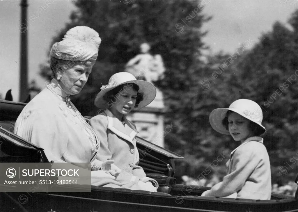 Queen Mary and Princesses Elizabeth and Margaret driving along the Hall to the Horse Guards Parade for the Trooping of the Colour. June 09, 1938. (Photo by United Press Photos).