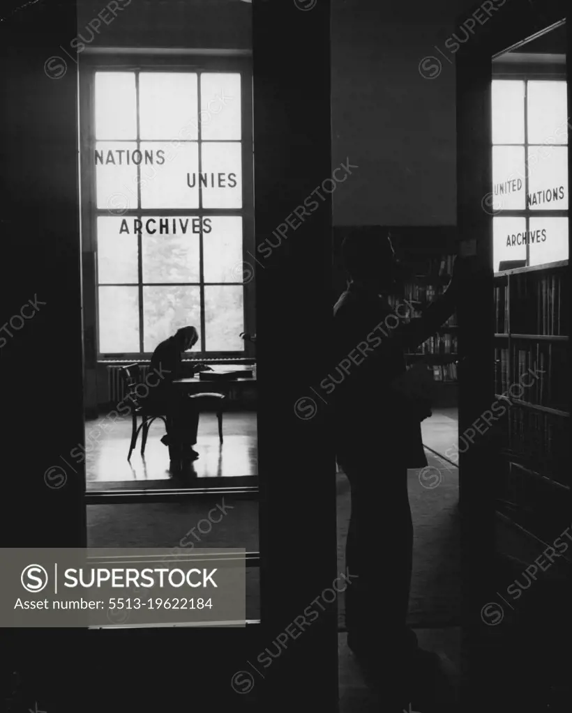 Library Of The Nations (Second Of The Nations) -- The entrance to the main room of the library is marked "United Nations Archives." The original League of Nations sign on the door was changed when the library was taken over by the U.N. in 1946. May 28, 1954. (Photo by United Press).