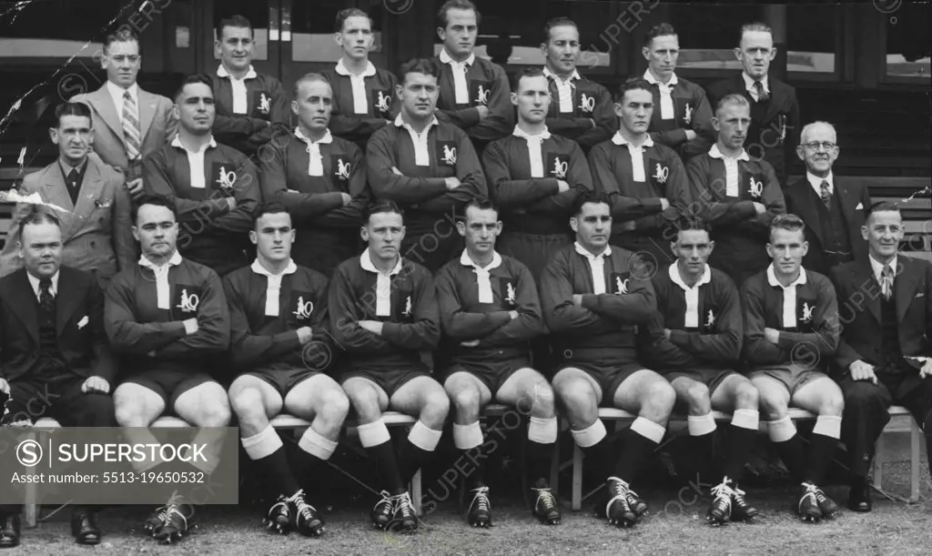 Queensland Team 1950Back row: D. Green (visitor), N. Andrews, I. Jones, H. Crocker, J. Wedesweiler, N. Linde, C. Furness (trainer).Centre: F. Russell (visitor), D. Hall, A. Thompson, J. Munn, D. Flannery, W. Sullivan, D.  McGovern, V. Jensen (president QRL).Front row: F. Gilbert manager, R. Griffiths, B. Davies, C. Quinn, W. Thompson, J. Rooney, V. Irwin, H. Griffiths, C. R. Walsh manager. May 22, 1950.