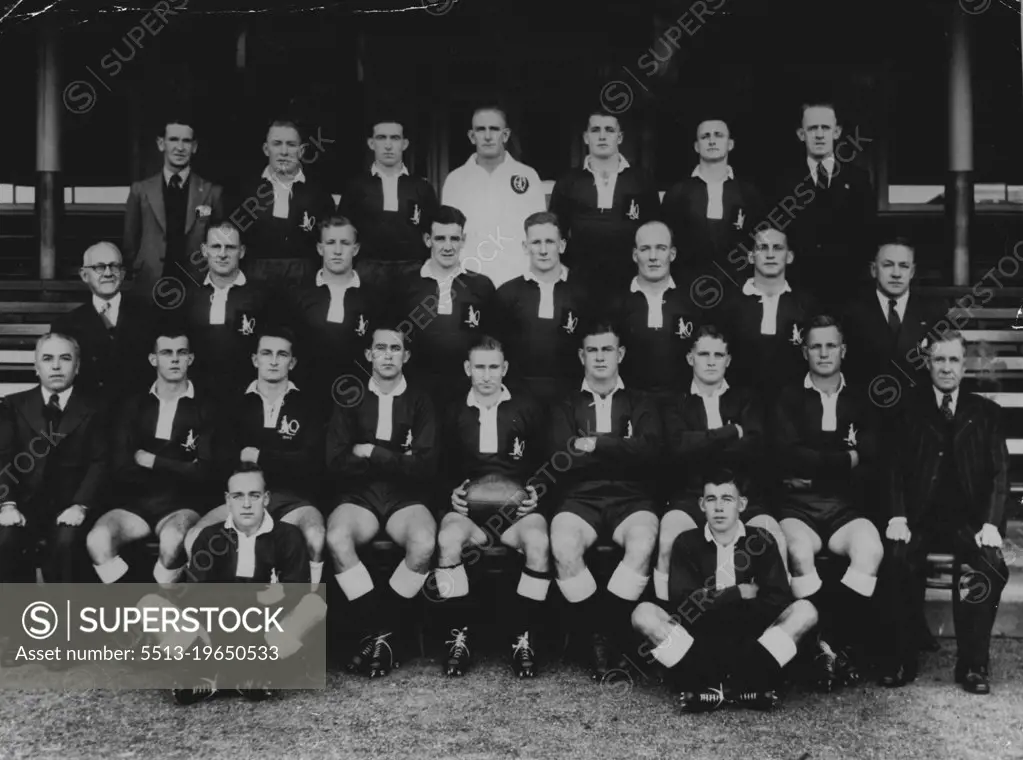 Back Row: F. Russell (visitor), R. Roche, L. Kenny, J. Shuttleton (referee), P. McMahon, H. Linde, L. J. Furness (trainer), Centre Vic Jensen, S. Krevgar, L. Armit, R. McLennan, H. Horrigan, E. Brosnan, Col Wright, F. Neumann (coach).Front Row: E. J. Simmonds (manager), K. Brighton, N. White, L. Pegg, H. Melrose (Capt.) K. Brennan, Jim Martin, H. Mogg. K. Jefferies (manager).Front: E. Verrenkamp and L. Stephens. May 24, 1948.