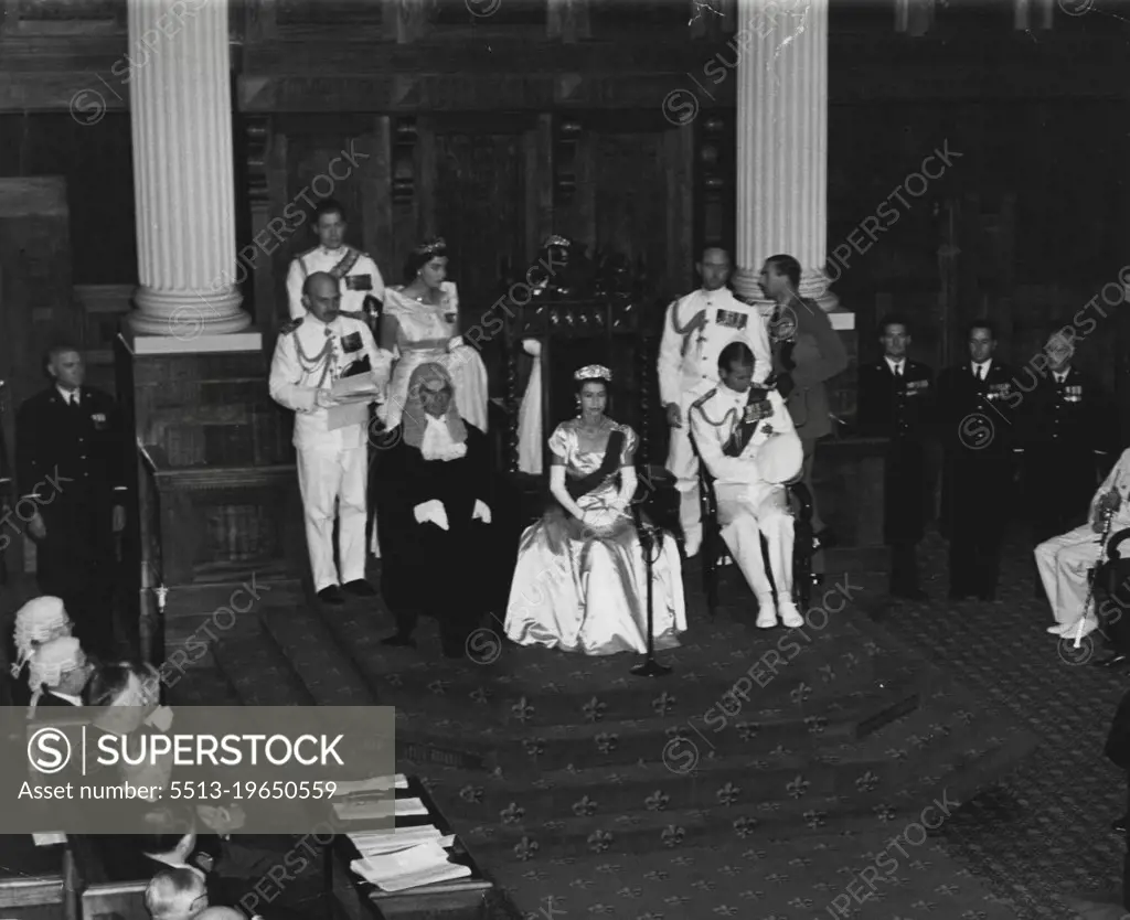 Scene inside Government House, Adelaide, today, when the Queen opened State Parliament. On the right is the President of the Legislative council, Sir Walter Duncan. March 23, 1954.