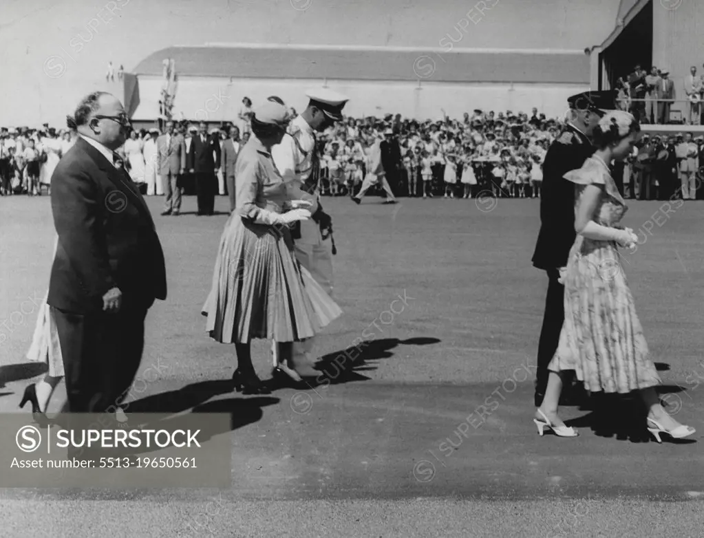 Queen & Q'Land Governor Sir John Lavarack, Duke & Lady Lavarack Premier V. C. Gair & Mrs. Gair on arrival Eagle Farm airport, Brisbane. March 12, 1954.