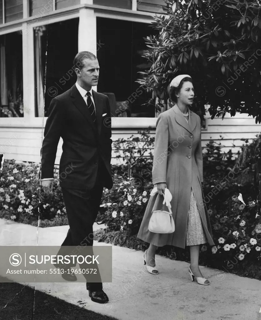 Rest Day - The Queen and Duke of Edinburgh walk in the grounds of O'Shannassy Chalet (Victoria) yesterday when the Royal couple had a day free of official engagements. March 9, 1954.