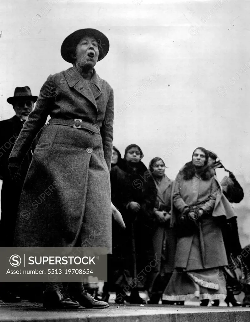Pankhurst SpeaksFrom The Plinth of the Nelson Column, Miss Sylvia Pankhurst protested against the British policy in India, when the Friends of India Society held a mass demonstration in Trafalgar Square. February 26, 1932. (Photo by The Associated Press of Great Britain Ltd.).