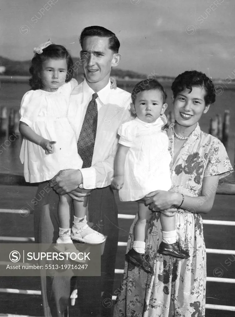 Gordon Parker of Melbourne, a former corporal with BCOF, with his pretty wife Cherry and their two children Margaret and Kathleen. In January Mrs. Parker had a son.Japanese War Bride in Cairns***** liner Taiping to-night.With him was his Japanese wife-the first permitted in to Australia by the Commonwealth Government-and their two children. Margaret will be three years of age next month, and Kathleen is aged 12 months.Mr. Parker, who was discharged from the army in January, 1949, said to-night he was not in the least worried about returning to Australia.The only emotion he felt was gladness at being home again. July 08, 1952.