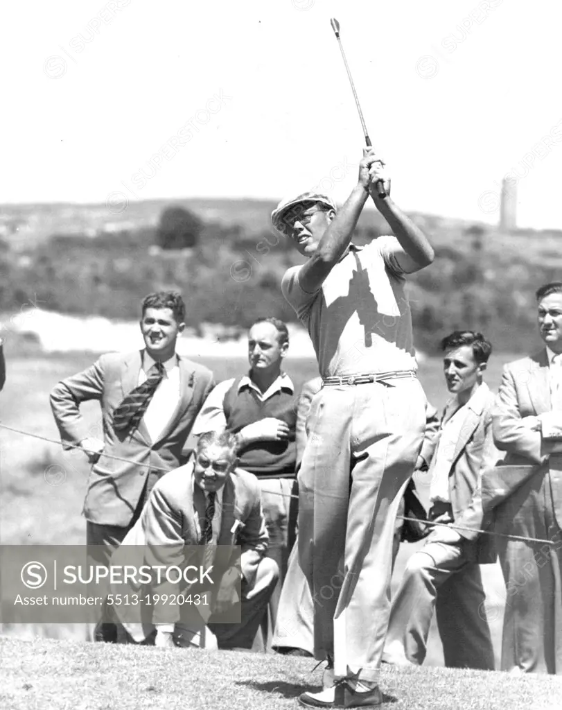 Ampol Golf 2nd DayF. Phillips making an iron shot off the 3rd tee. November 11, 1955. (Photo by Leyden).