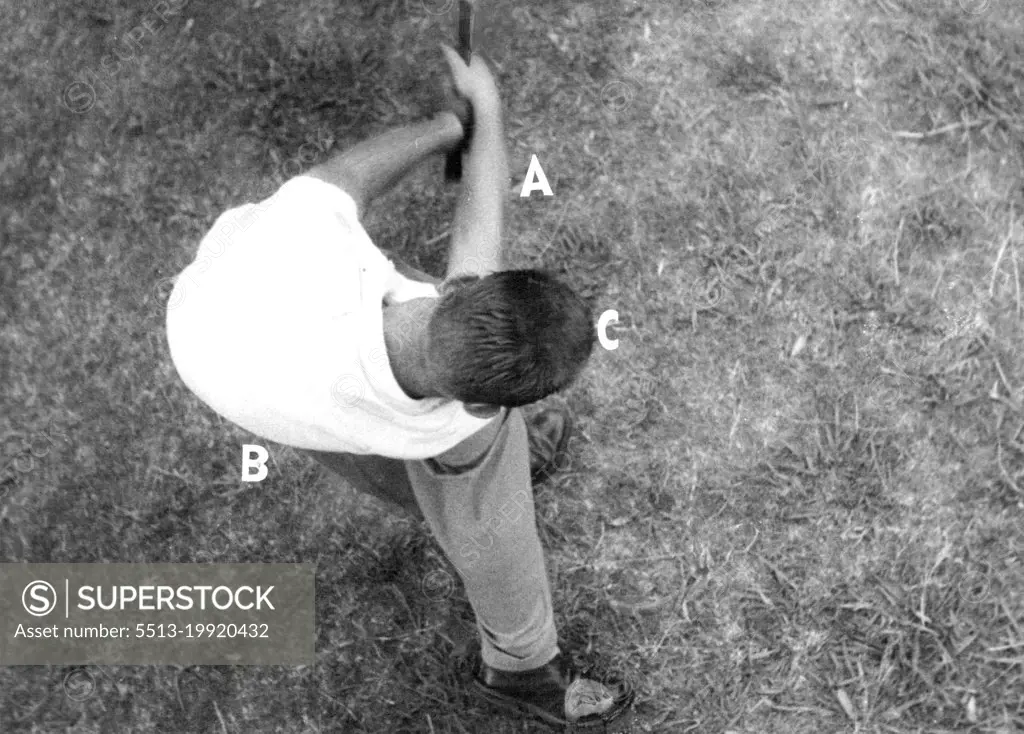 (a) side has been braced as club head hits ball and is forced through line of flight by straight right arm, wrists rolling, (b) Right side is relaxed to allow hips to turn in direction of hole, (C) Head is turning. June 01, 1954.