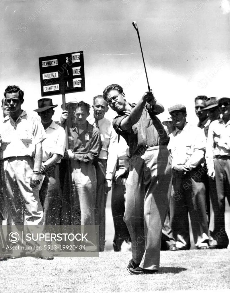 Ampol Golf -- Golfer, Frank Phillips hits off the tee during todays Ampol Tournament... November 10, 1955. (Photo by George Lipman/Fairfax Media).