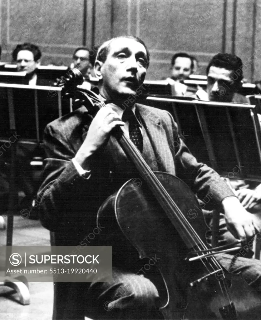 Camera In The Strings -- Gregor Piatigorsky pictured while playing with the Philadelphia Orchestra as guest 'cellist - the photographer was one of the orchestra's permanent cellists, Adrian Siegel. September 30, 1949. (Photo by Adrian Siegel, Pictorial Press).