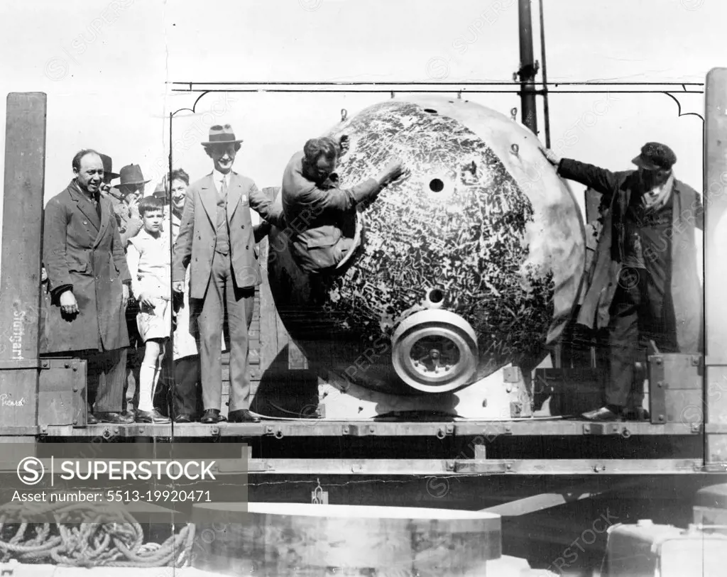 Prof. Piccard's Gondola, Arrives In Brussels -- Prof. Piccard with his gondola on arrival in Brussels. Prof. Piccard's gondola, in which he landed in the alps after flying 10 miles high; arrived in Brussels today, to be placed in the Brussels University. May 21, 1932. (Photo by Keystone).