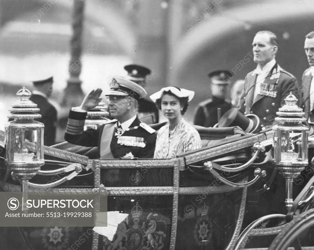 King and Queen of Sweden Drive Through London: King Gustav and Queen Louise of Sweden are on a State Visit to Britain. Their Cruiser Moored. at Greenwich where They Were Met By The Duke of Edinburgh Who Escorted Then to The Royal Barge for Their Journey Up The Thames to Westminster Pier. There They Were Met By The .queen and Other Members of T he Royal family King Gustav and Queen Elizabeth Made Their Way to Buckingham Palace in The Gold and Red State Landau. The Queen of Sweden and The Duke of Edinburgh Followed in A Second Carriage, They Were Escorted with A Sovreign's Household Cavalry. June 28, 1954. (Photo by Evening Standard Picture)