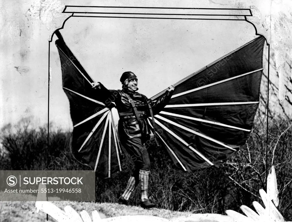 A Human Bird - Mme. Helene Albert wearing the bat like wings with which she demonstrating her theory of "Cosmic Motion", said to be based upon a long for gotten Greek law of motion. She is shown taking off from a slight rise in the ground on the Anderson Estate, where she made several brief swoops over the ground. April 06, 1931. (Photo by International Newsreel Photo).