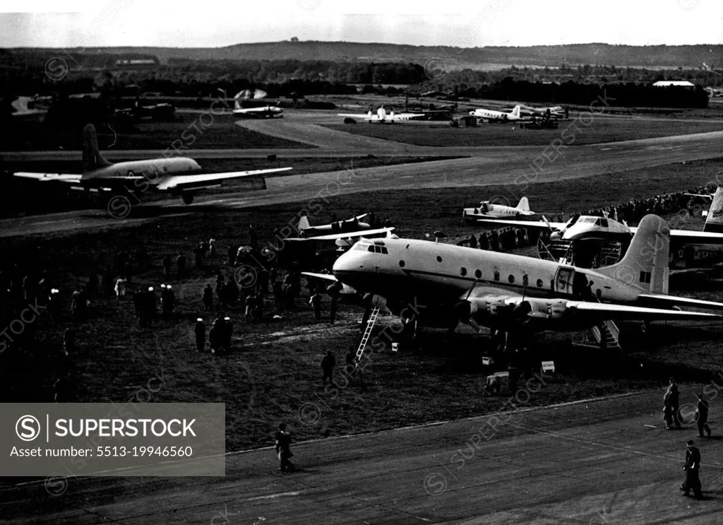 British Aircraft on Show to the World - The Tudor VIII, the first plane with four jet engines, is seen landing beside the assembled aircraft at Farnborough.The annual exhibition of the Society of British Aircraft Constructors, which opened yesterday at Farnborough Hampshire, introduced some of the latest British aircraft to the public and the world. September 08, 1948. (Photo by Fox Photos).