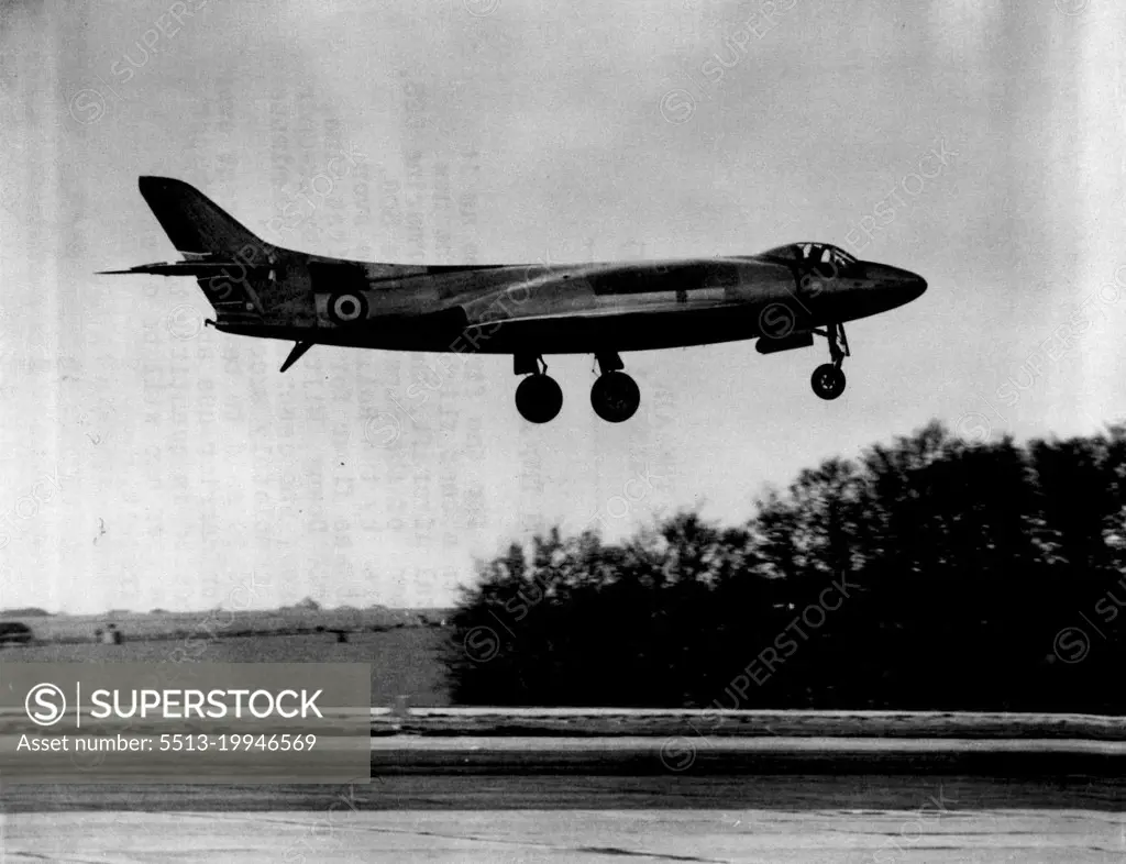 New Plane Takes the Air - Pictured here for the first time as it takes off on a test flight is the new experimental aircraft, the Supermarine 525, a development of the Supermarine 508. It is powered by two Rolls Royce Avon engines and was flown for the first time, from Boscombe Downs, Wiltshire, by Lt. Cmdr M.J. Lithgow, who described the 20-minute flight as 'completely successful.'The aircraft is said to be the fastest ever designed for carrier use and the twin jet fighter ordered in quantity by the Admiralty a year ago will be directly developed from it. May 05, 1954. (Photo by Reuterphoto).