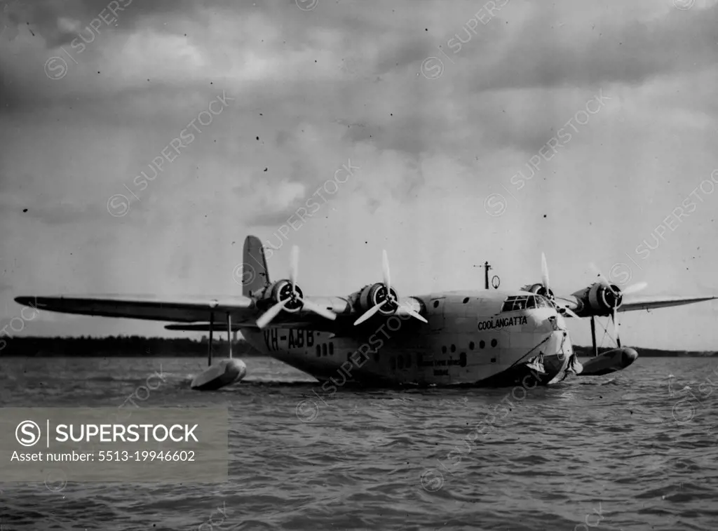 First Southampton-Sydney Flying Boat Leaves For Australia Tomorrow.The "Coolangatta" taxi-ing to her moorings after a test flight at Hythe today.The Royal Mail Air-Liner "Coolangatta", the first of six Australian flying-boat which will operate with Imperial Airways on the Empire Truck route, Southampton-Sydney, will leave for Australia early tomorrow morning. Captain Allan and his crew carried out a final test flight at Hythe, Hants, this afternoon. March 17, 1938. (Photo by Keystone).