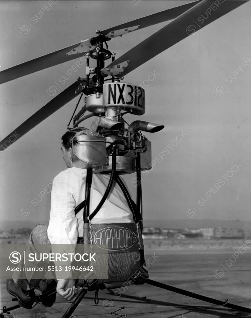 Air Motorcycle -- A rear view of the "Hoppicopter" showing the left hand of the inventor, Horace Pentecost on the gas throttle. The pilot is strapped in just as in convention all planes. July 29, 1946. (Photo by Wide World Photos).