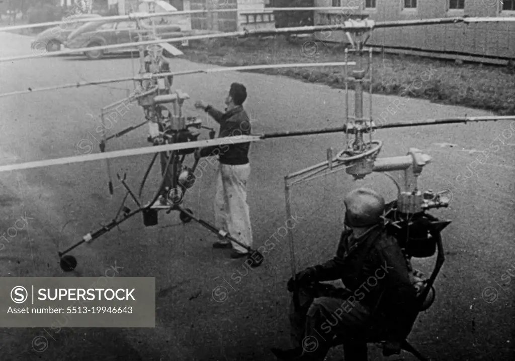 At Seattle they test the new "Hoppicopter", weighting only a hundred and seventy five pounds, which is less than the weight of the pilot. With an engine like an ordinary outboard motor, they are intended for mess sale and private travel. November 5, 1948.