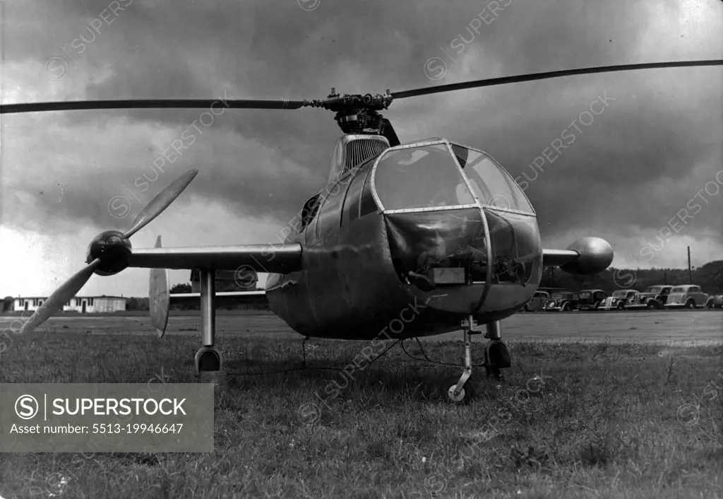 Britain Beat's World Helicopter Speed Record -- A close-up of the Fairey prototype Gyrodyne on the airfield to-day. On the stub-wing can be seen the air screw that is responsible for most of the forward propulsion. A new world helicopter speed record was established today at White Waltham airfield, near Maidenhead, by Squadron Leader Basil Arkell, a rotor aircraft test pilot, in the fairey Aviation Company's prototype Gyrodyne. Over four runs his average speed was finally given as 124,3 miles per hour. The former world's official record is given as 76.7. m.p.h. made by a German F.W. 61 helicopter, although an unofficial record of 114.6 m.p.h. was set up by an American Sikorsky R5 military two-seater helicopter last year. June 28, 1948. (Photo by Fox Photos).