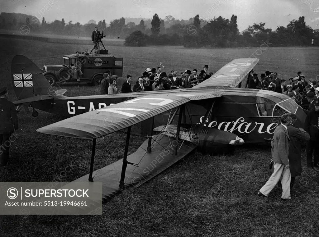 Mollisons' Plane Crashes - The Plane after the crash.The "Seafarer", the machine in which Mr. & Mrs. Mollison were to start their flight across the Atlantic, crashed as they took off from Croydon Aerodrome this morning.Mr. & Mrs. Mollison scrambled from the machine, the under-carriage of which was completely smashed. June 8, 1933. (Photo by London News Agency Photos Ltd).