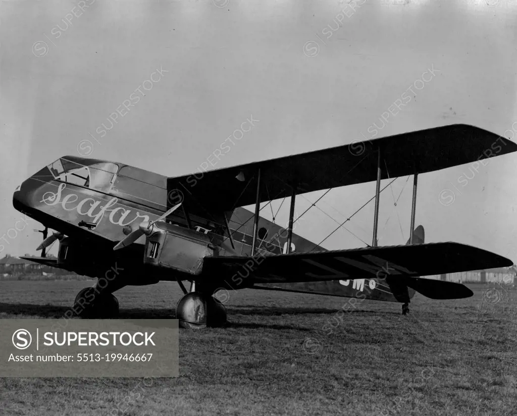 Mollison's New Plane - A general view showing the plane "Seafarer II" at stag lane before leaving.Mr. Jimmy Mollison the famous airman left stag Lane aerodrome this morning (Friday) for Newcastle in his new aeroplane which has been built for his bid for a world record. January 19, 1934. (Photo by London News Agency Photos Ltd.).