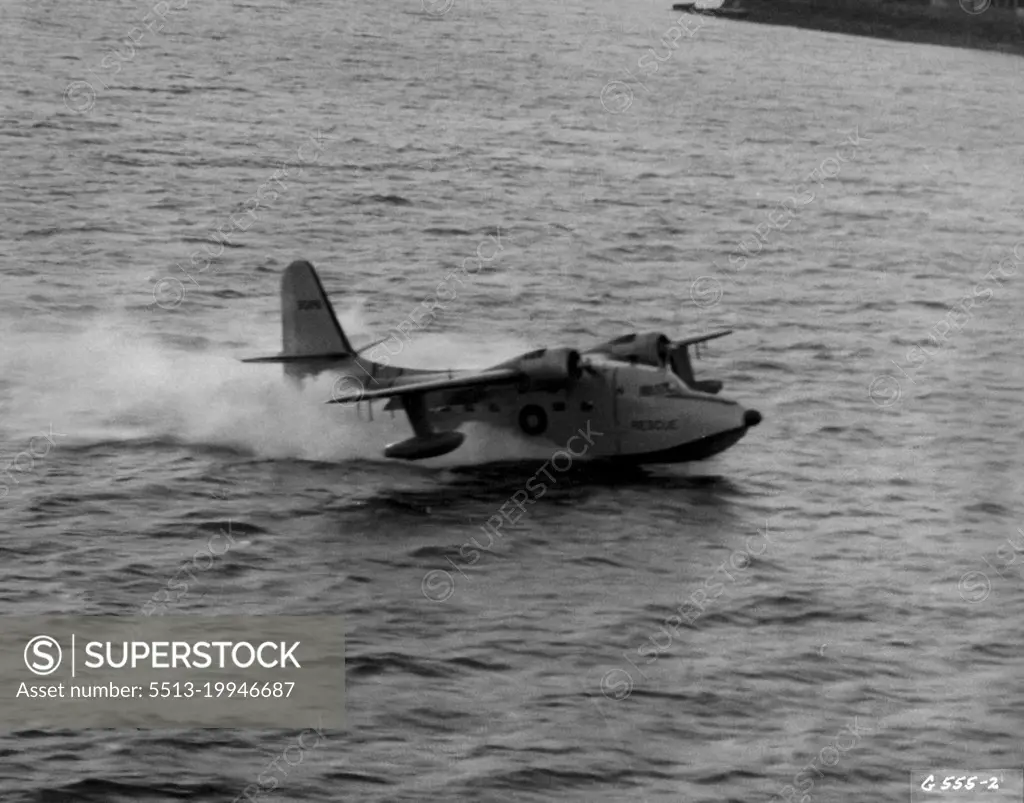 When signs of trouble are spotted, the Albatross swoops down for a landing, and taxis easily to the location, to pick up any plane crew that has had to ditch. Many U.S. Far East Air Forces air crew members owe their lives to the prompt and efficient action of the Albatross. March 10, 1951. (Photo by U.S. Air Force Photo).