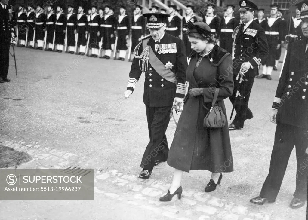 Princess Elizabeth Unveils Naval was memorial 10, stained glass windows at St. Georges Church Chatham.The Princes after the inspection of the guard, with Admiral Sir Henry Moore. October 29, 1950. (Photo by Daily Mail Contract Picture).