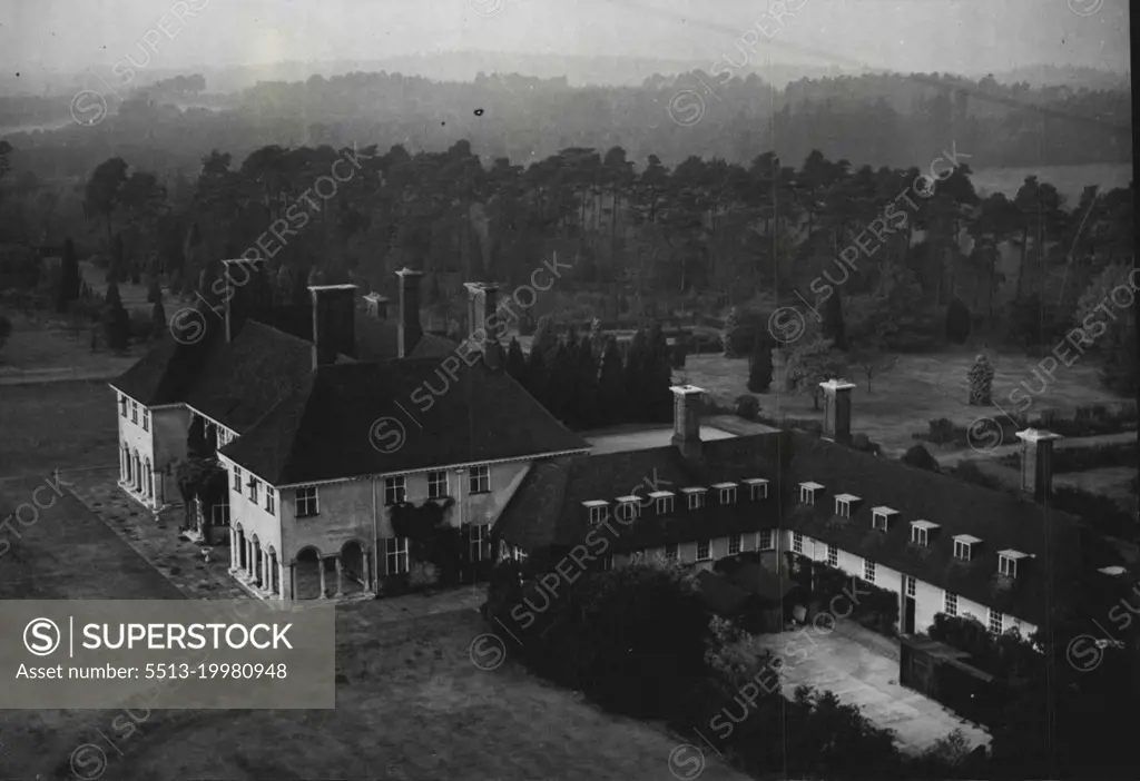 May Be Princess's New Home -- An aerial view of Windlesham Moor, Surrey, which is likely be the home of Princess Elizabeth ***** Lt. Mountbatten.It is believed that Princes Elizabeth and Lt. Mountbatten will live at Windlesham Moor, in Sunnindale - Road, Windlesham, Surrey, after their marriage. The present owner is Mrs. Warwick Bryant. Altho the ground comprise only 50 acres as compared with the 770 acres of Sunninghill Park,  Windlesham Moor is one of the most beautiful small estates in Surrey. October 27, 1947.