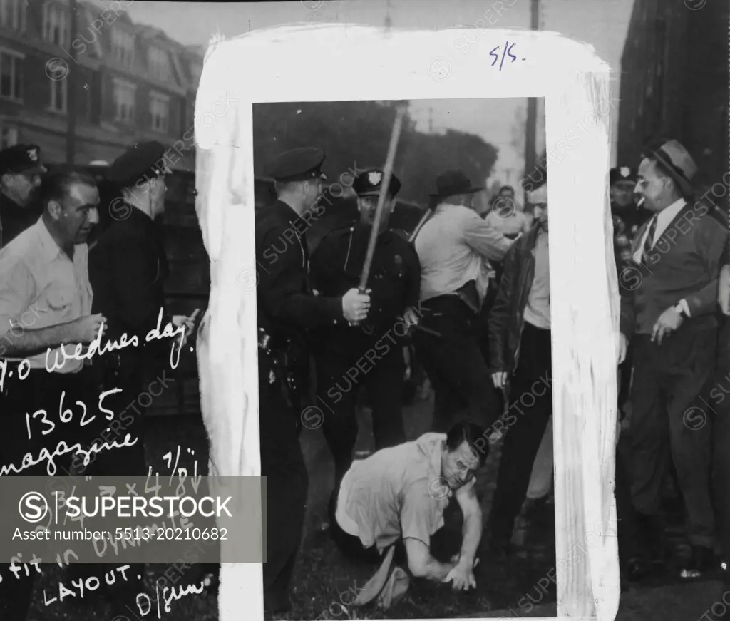 Violence In Trolley Strike -- Police and pickets at the strike-bound Conestoga Transportation Co. clash today after pickets overturned an automobile in which four employees of the company attempted to cross their lines.Dynamite and bullets have become a way of life for the usually sleepy town of Henderson, North Carolina, ripped apart by six tragic months of strike warfare.Henderson is in revolution as desperate, violent and as real as any in the his story books. September 25, 1945. (Photo by AP Wirephoto).