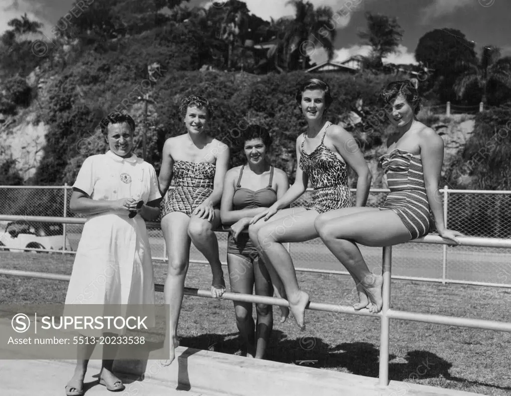 Left to right Ann Timmermans, Nancy Lyons, ***** Joy Davies, Denise Norton  & Margoni Mcquade. June 29, 1953. (Photo by Fraley Studio). - SuperStock