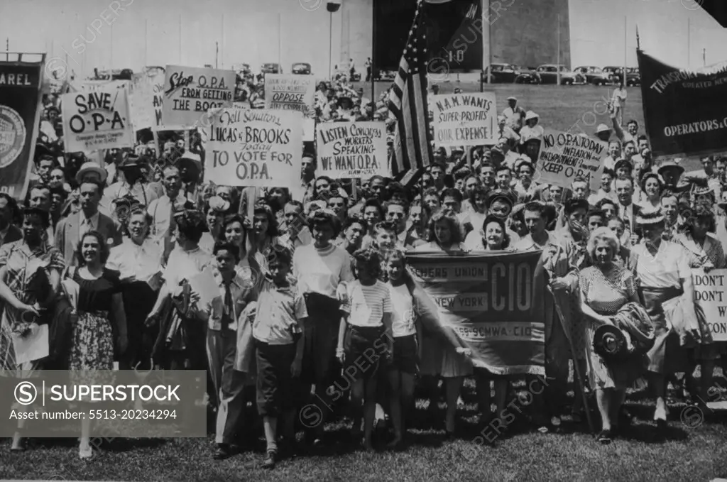 'Save Opa' Rally On Monument Grounds -- Banners and placards are displayed at "Save Opa" rally on Washington monument grounds today where a crowd heard plea for buyers' strike if OPA's Major controls are abolished and prices increased. June 24, 1946. (Photo by AP Wirephoto).