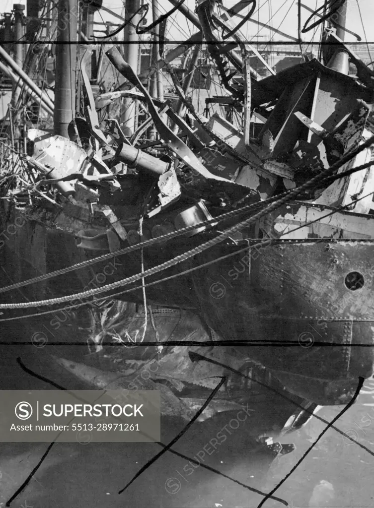 Japanese Submarine Attacks Ship Off Australian Coast -- "Hit by a torpedo which killed four of its crew, this ship made port. Torpedo damage". September 13, 1942.