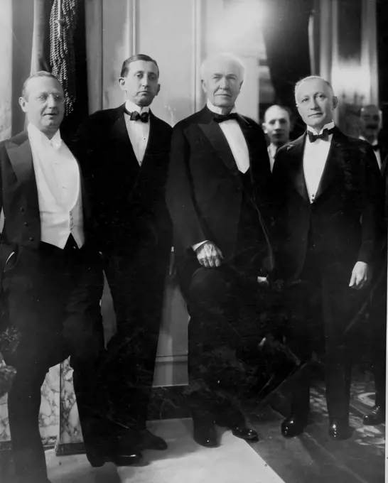 Celebrities in the motion picture world at the opening of the new Paramount World Theatre New York City, N.Y. at the "Cross roads of the World" in November last. From left to right:- Mr. Jesse L. Lasky, First Vice President in charge of production of Famous Players Lasky Corporation; Mr. Will H. Hayes, President of the Motion Picture Distributors Association of America; Mr. Thomas A. Edison, "the father of the motion picture", and Mr. Adolph Zukor, President of Famous Players Lasky Corporation, 