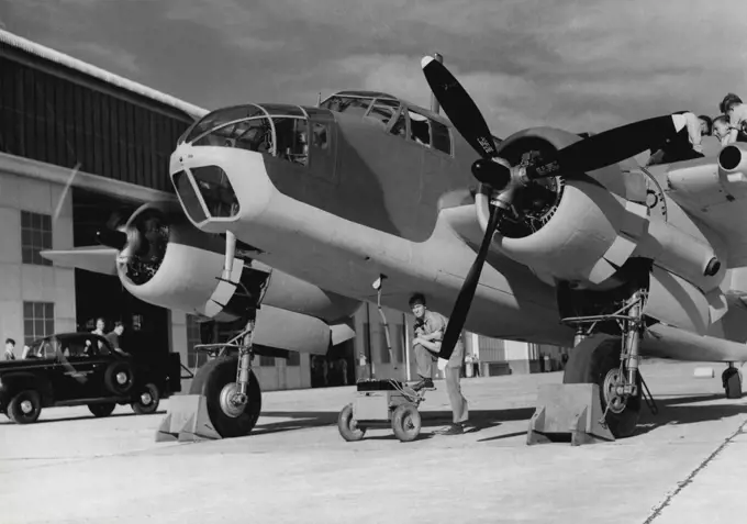 First Bristol-Beaufort Bomber made in NSW. Location: Mascot. October 20, 1941. (Photo by Norman E Brown/Fairfax Media).