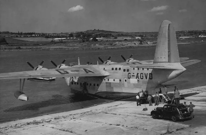 Britain's Largest Flying Boat Launched -- Britain's largest flying boat, the four engine Short-Saro Shetland, was launched at Rochester today. The aircraft, which can carry 70 passengers with a crew of 11, has a maximum speed of 267-m.p.h. The flying boat has a wing span of 150 feet, a length of 110 feet and an all up weight of 130,000 lbs. It has a range of 4,650 miles cruising at a speed of 184 m.p.h., and is a civil version of the Shetland designed during the war for service purposes. Two de