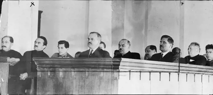 The First Session of the Supreme Soviet of the USSR -- From left to right -- Deputies L. Kaganovich, A. Mikoyan, N. Yezhov, V. Molotov, PakhoLiov, M. Kaganovich, V. Chunar, M. Litvinov and M. Berman at a conference of the Soviet of the Union on January 13, 1938.    The opening of the session of the Soviet of the Union of the Supreme Soviet of the USSR took place on January 12, at 4p.m., in the Kremlin palace in Moscow. January 01, 1938. (Photo by Soyuzphoto).