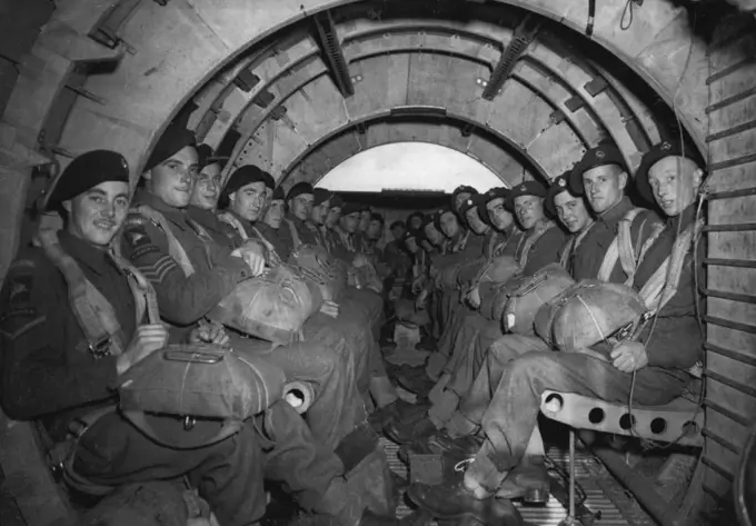 Training Glider Pilots -- An interior view of a Horsa Glider with Airborne troops ***** either side all ready for towing. Britain is training glider pilots on a big scale in readiness for the Second Front. After pilots receive their initial training at an R.A.F. Glider School, they pass out at a heavy glider conversion unit. The function of the unit is to adapt pilots of the army airborne division to fly operational type of gliders, Horsas, after they have become proficient on the training type,