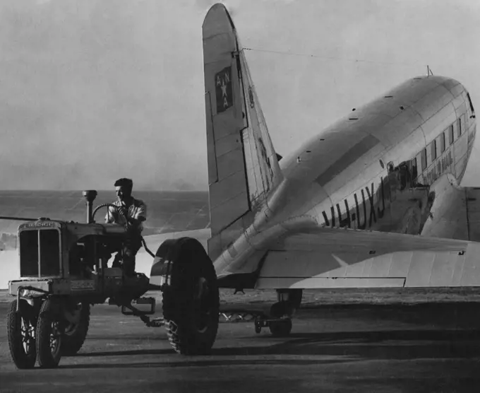 Fleet in the air but humbled on the ***** have to be towed by a tractor into the hangar. The Loonagana, of A.N.A., being put away ***** Airport, after flying the Melbourne run. December 12, 1938.