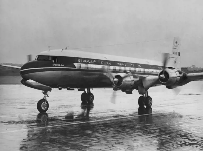 Lates DC6-B skychief airliner of the A.N.A. fleet, Kwinana, which flew into Brisbane airport yesterday with 58 passengers on a "show the flag" flight. The Kwinana is five feet longer than the normal DC-6. April 01, 1955.