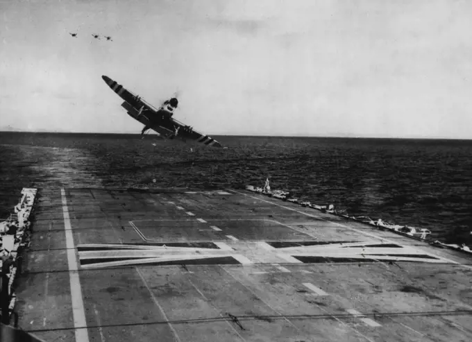 A Firefly aircraft returning from an armed reconnaissance mission over the West coast of Korea. Official pictures from the aircraft carrier Triumph (Captain A.D. Torlesse) taken during operations in Korean Waters. September 8, 1950. (Photo by British Official Photograph).