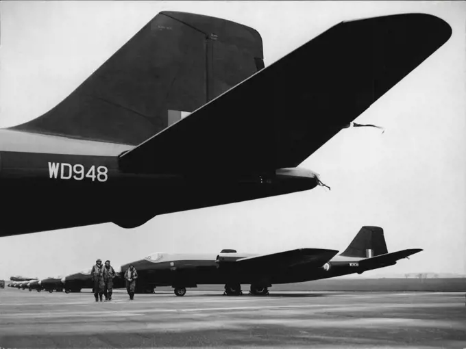 RAF's First All-Jet Bomber Squadron -- Canberras of 101 Squadron in the tarmac at Binbrook today. A picture taken at Binbrook (Lines) RAF Station today, of the first RAF bomber squadron to be equipped with the Canberra Jet bombers. It is No 101 Squadron, and the introduction or the Canberras marks the start of the expansion of Bomber Command. January 08, 1952.