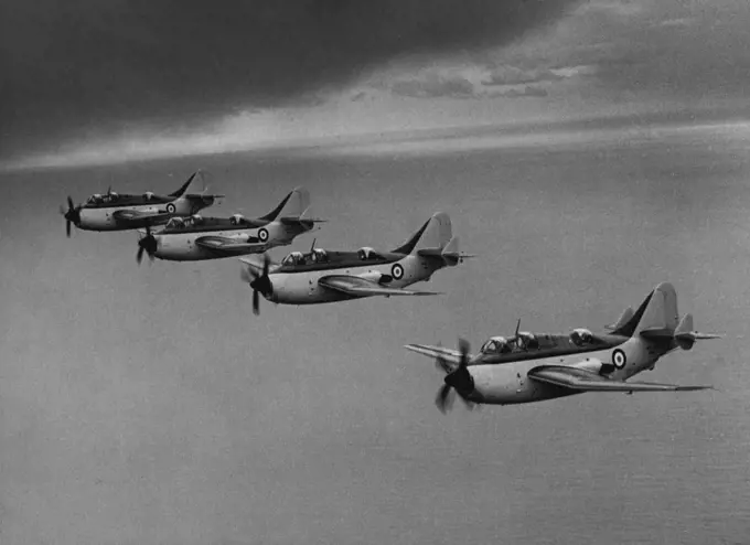 Navy's Anti-Submarine Planes Today's picture of 703 X flight of the Fairey Gannet anti-submarine aircraft that have just been formally inaugurated at the R.N. Air Station at Ford, in Sussex. This air-to-air picture was taken after the ground ceremony earlier. April 5, 1954.