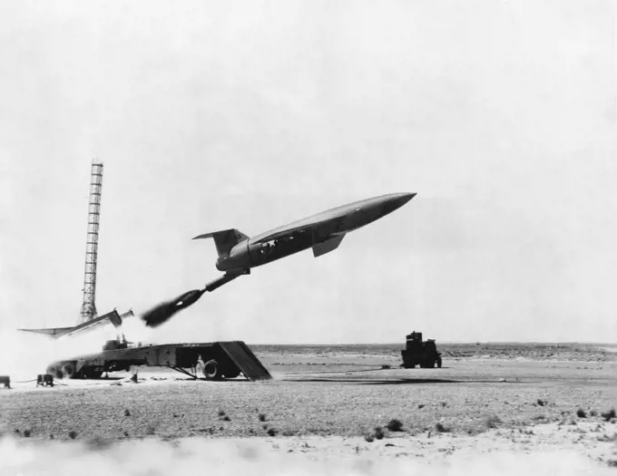 A "Fantastic Weapon" Is On Its Way. A U. S. Air Force Martin B-61 Matador pilotless bomber takes off with the roar, black smoke and the white heat of its rocket auxiliary thrust. The Matador is currently under advanced development at the Air Force's Missile Test Center, Cocoa, Fla., and the first ***** to be trained in field use of the weapon is soon to be activated. The ***** flights at Holloman Air Force Base were somewhat restricted as the Matador to be flown in figure 8s and circles to stay 