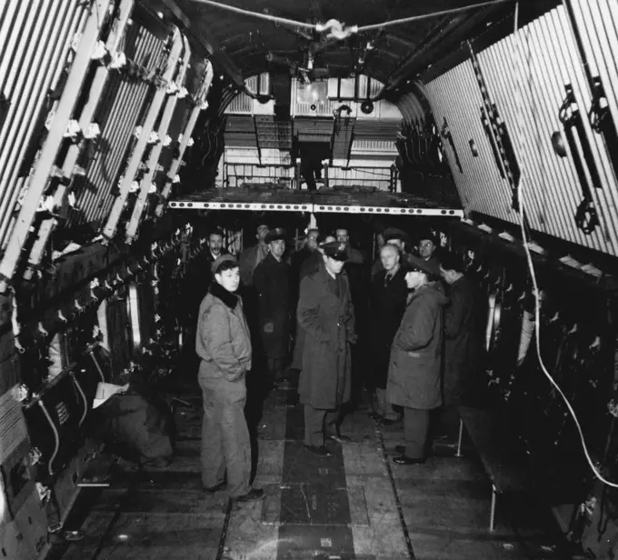 Here is an interior view of the latest Douglas type aircraft 124 a four engined Transport plane in which personel and cars and equipment can be rushed to any zone at speed. It carries about 200 of personel as well as equipment. It was on view at Lakenheath RAF station when the American squadron flew in. January 19, 1951.