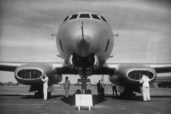 'Flying Laboratory' at the Big Air Show Sleek lines of the Avro Ashton, four-jet experimental aircraft, seen at Farnborough Aerodrome, Hampshire, to-day (Tuesday) - dress rehearsal and technicians day of the 11th Flying Display and Exhibition of the Society of British-Aircraft Constructors, which opens tomorrow. Six Ashtons have been ordered by the Ministry of Supply for research into the characteristic of high-altitude jet flight. A version of the Tudor airliner, it is one of 25 new aircraft am