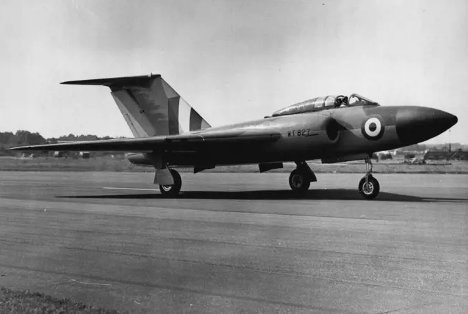 Flying Display And Exhibition Opens Today At Farnborough Aerodrome, Hants. The Gloucester Javelin, two seat, all weather and night-fighter, powered by two Armstrong Siddley jet engines, about to take off at Farnborough. Large crowds today attended the 1953 Flying Display and Exhibition, showing the products of the Members of the Society of British Aircraft Constructors, which opened today at Farnborough Aerodrome, Hants. September 07, 1953. (Photo by Fox Photos).